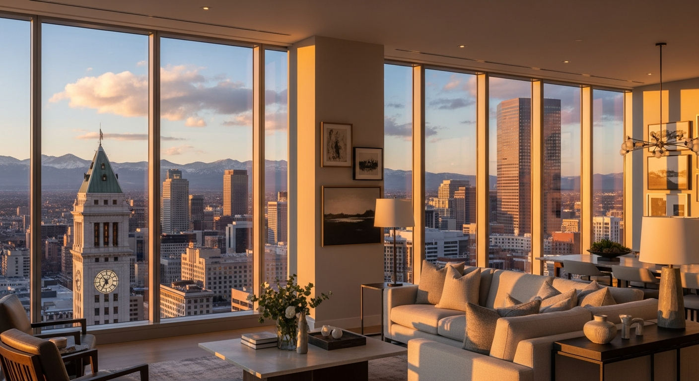 Sophisticated Denver luxury interior with city and mountain views at golden hour